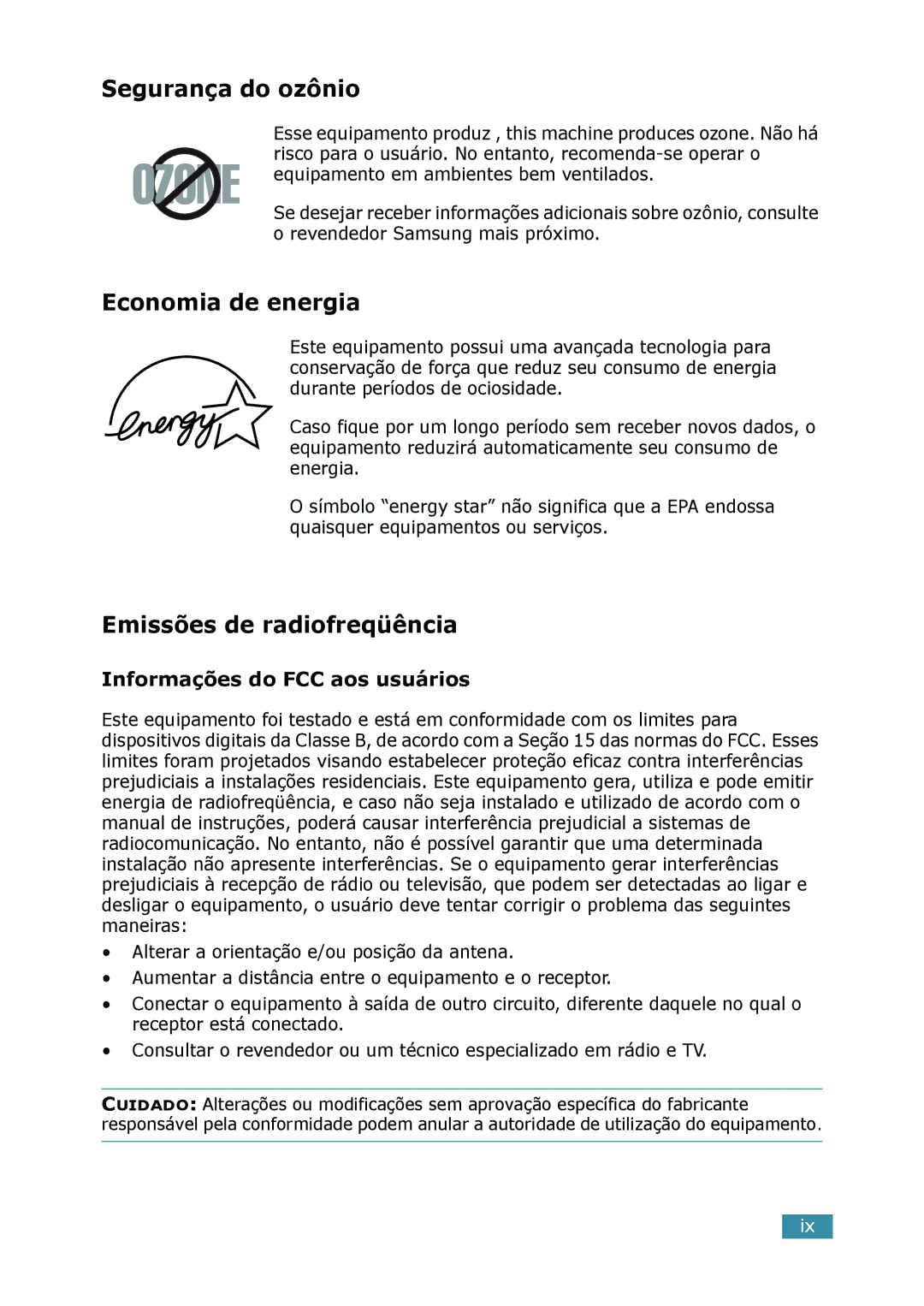 Samsung SCX-4216F Segurança do ozônio, Economia de energia, Emissões de radiofreqüência, Informações do FCC aos usuários 