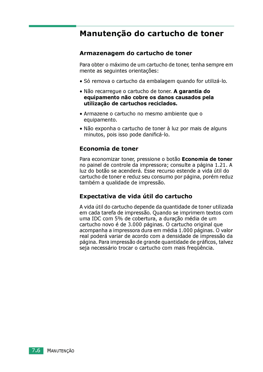 Samsung SCX-4116, SCX-4216F, SCX-4016 Manutenção do cartucho de toner, Armazenagem do cartucho de toner, Economia de toner 