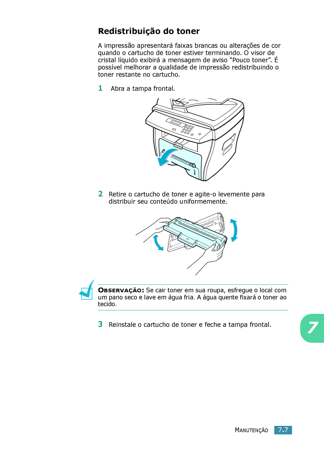 Samsung SCX-4216F, SCX-4116, SCX-4016 manual Redistribuição do toner 