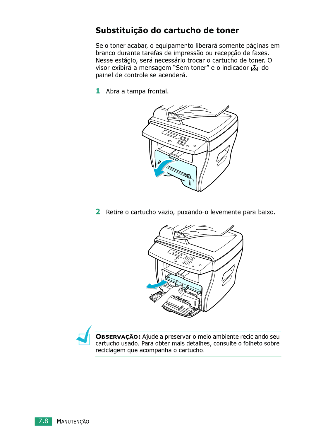 Samsung SCX-4016, SCX-4116, SCX-4216F manual Substituição do cartucho de toner 