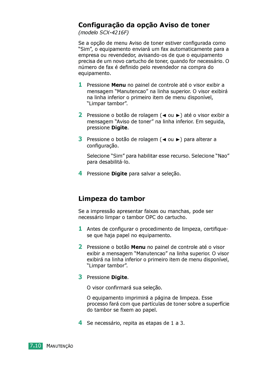 Samsung SCX-4216F, SCX-4116, SCX-4016 manual Configuração da opção Aviso de toner, Limpeza do tambor 