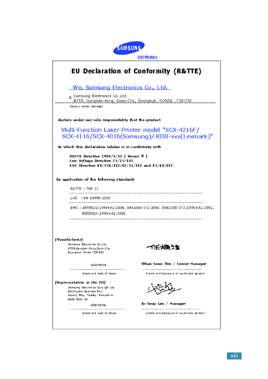 Samsung SCX-4016, SCX-4116, SCX-4216F manual Xiii 