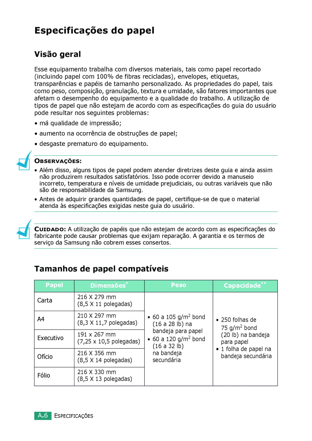 Samsung SCX-4016 Especificações do papel, Visão geral, Tamanhos de papel compatíveis, Papel Dimensões Peso Capacidade 