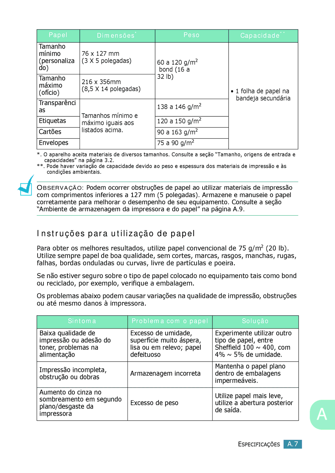 Samsung SCX-4116, SCX-4216F manual Instruções para utilização de papel, 138 a 146 g/m2, Sintoma Problema com o papel Solução 