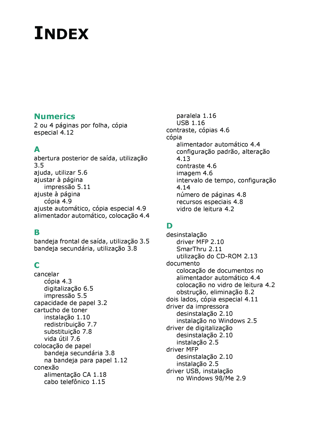 Samsung SCX-4216F, SCX-4116, SCX-4016 manual Index 