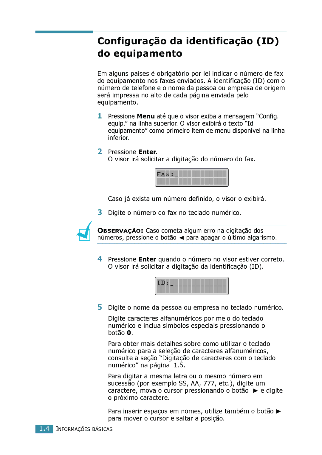 Samsung SCX-4016, SCX-4116, SCX-4216F manual Configuração da identificação ID do equipamento 