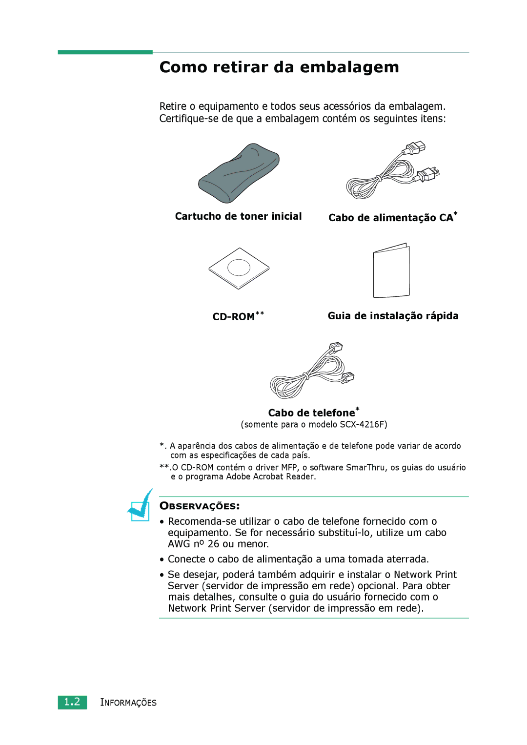 Samsung SCX-4016, SCX-4116, SCX-4216F manual Como retirar da embalagem, Cartucho de toner inicial, Cd-Rom, Cabo de telefone 