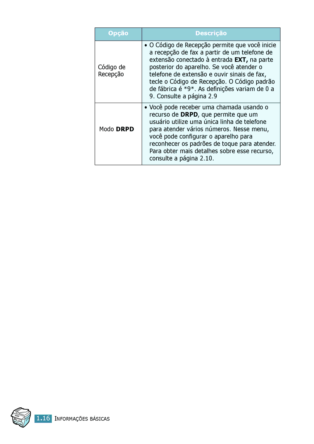 Samsung SCX-4016, SCX-4116, SCX-4216F manual Você pode receber uma chamada usando o, Recurso de DRPD, que permite que um 