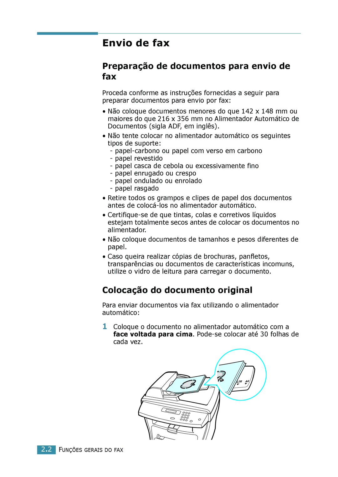 Samsung SCX-4216F, SCX-4116 manual Envio de fax, Preparação de documentos para envio de fax, Colocação do documento original 