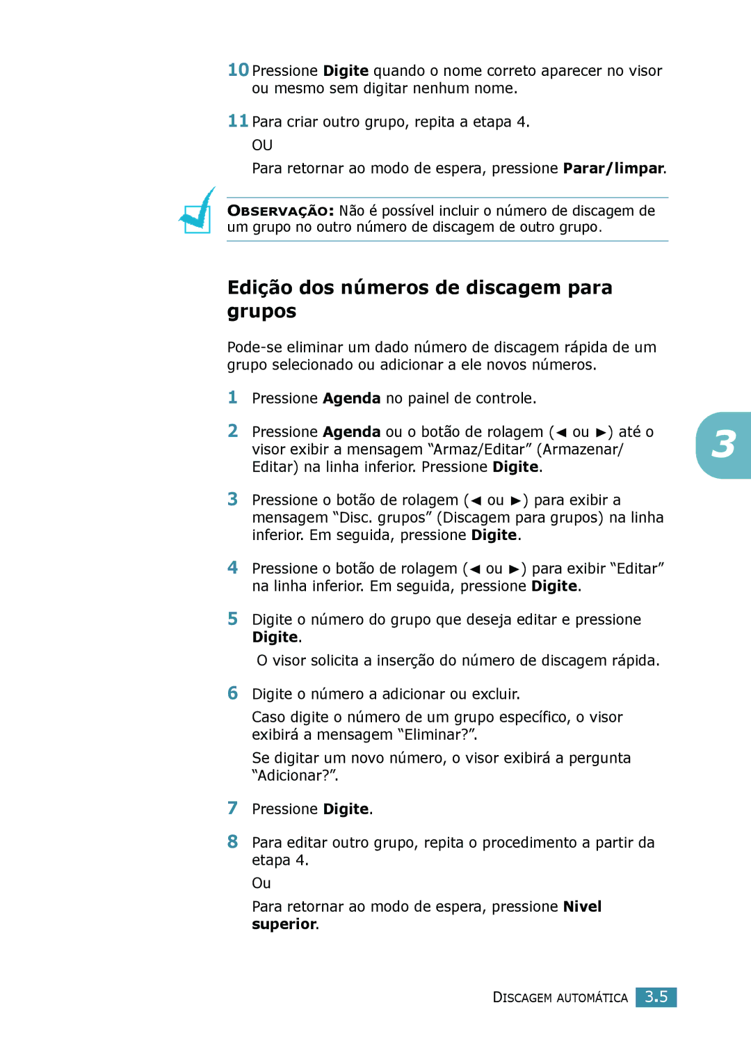 Samsung SCX-4216F, SCX-4116, SCX-4016 manual Edição dos números de discagem para grupos 