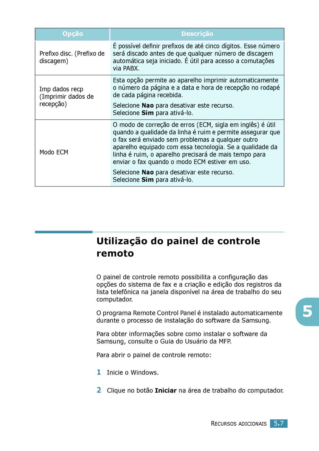 Samsung SCX-4216F, SCX-4116, SCX-4016 manual Utilização do painel de controle remoto 