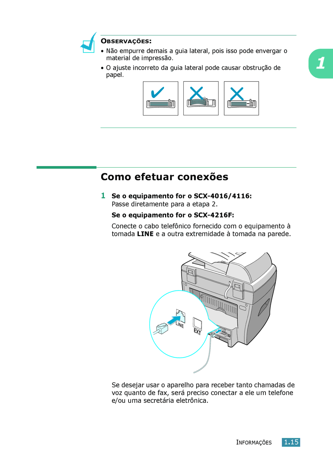 Samsung SCX-4116 Como efetuar conexões, Material de impressão, Ajuste incorreto da guia lateral pode causar obstrução de 