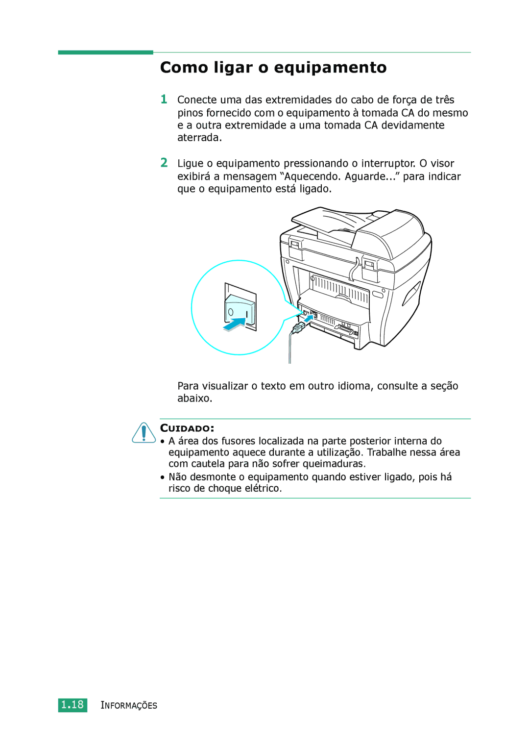 Samsung SCX-4116, SCX-4216F, SCX-4016 manual Como ligar o equipamento 