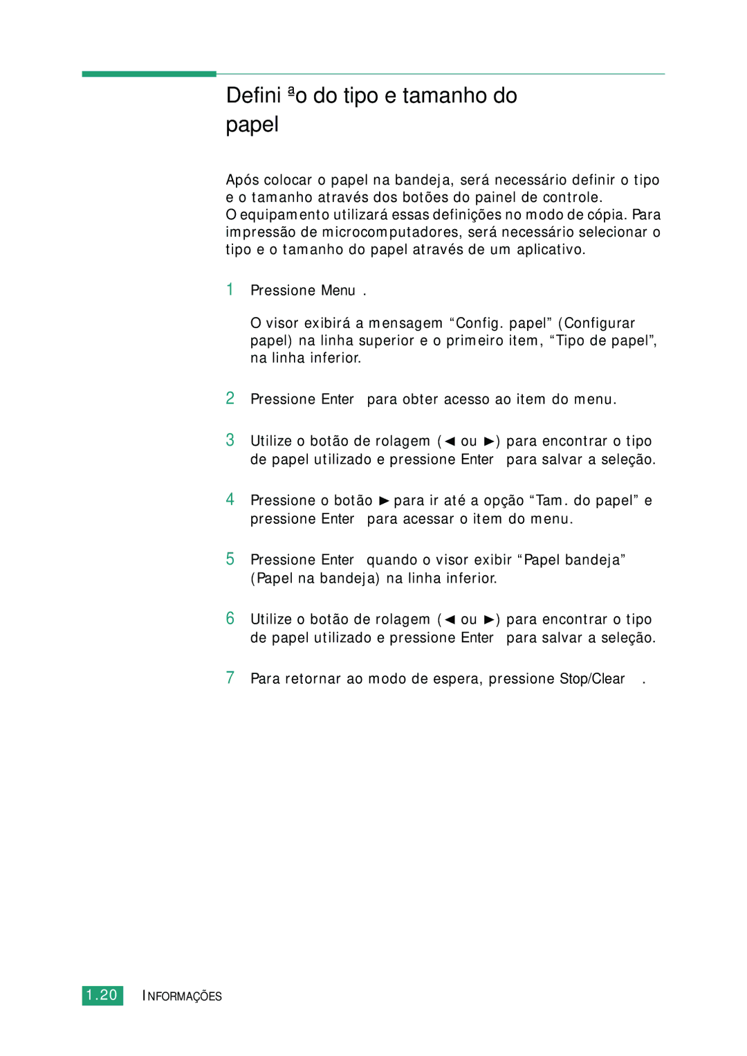 Samsung SCX-4016, SCX-4116, SCX-4216F manual Definição do tipo e tamanho do papel 