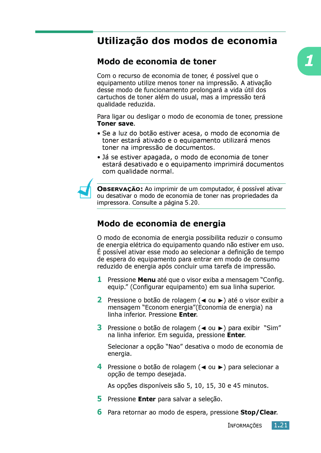 Samsung SCX-4116, SCX-4216F manual Utilização dos modos de economia, Modo de economia de toner, Modo de economia de energia 