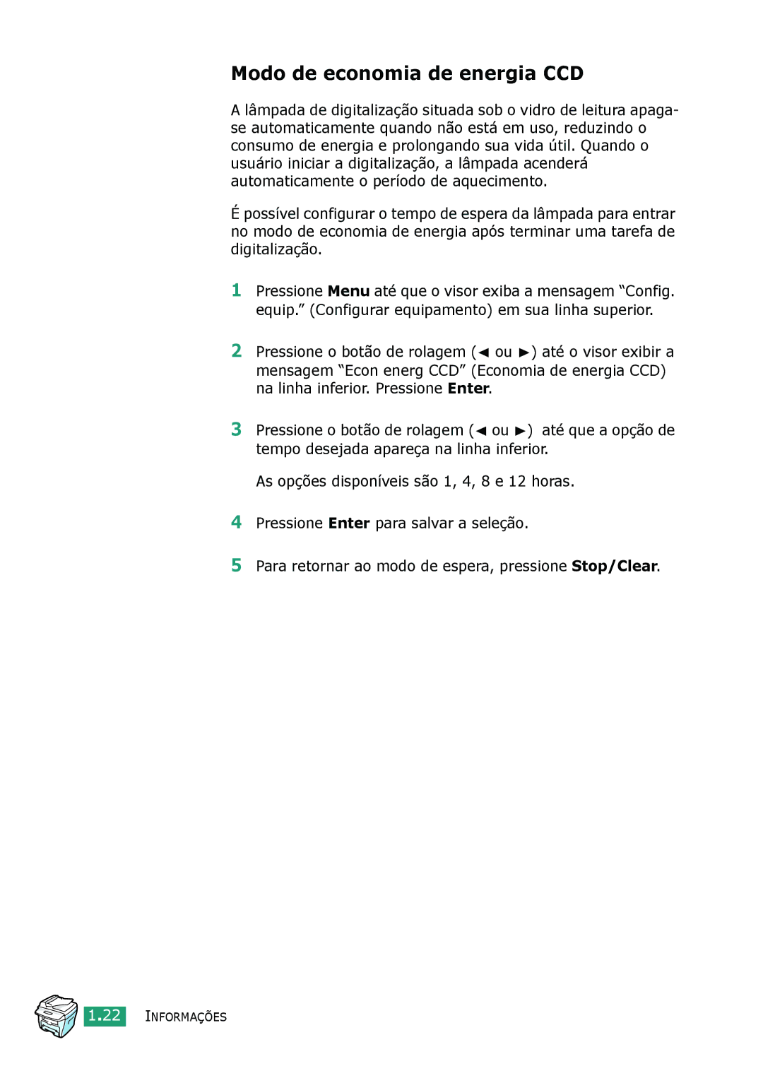 Samsung SCX-4216F, SCX-4116, SCX-4016 manual Modo de economia de energia CCD 