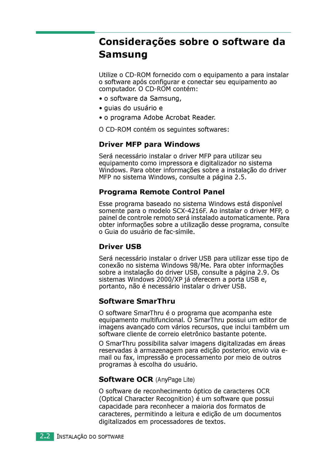 Samsung SCX-4116 manual Considerações sobre o software da Samsung, Driver MFP para Windows, Programa Remote Control Panel 