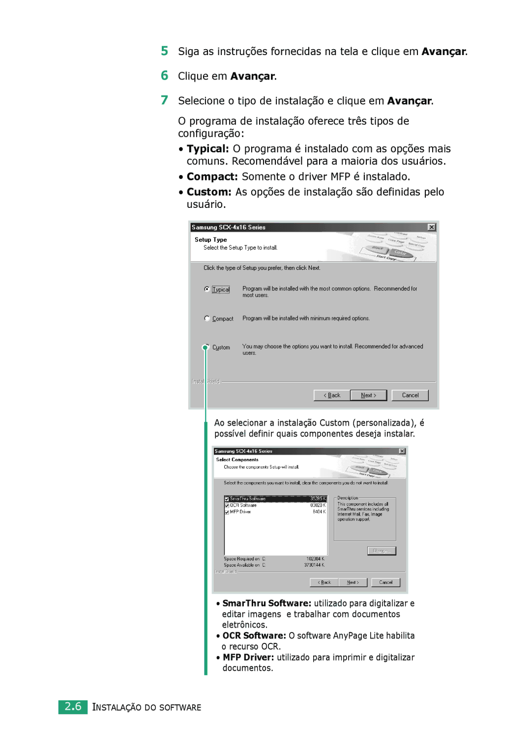 Samsung SCX-4216F, SCX-4116, SCX-4016 manual Instalação do Software 