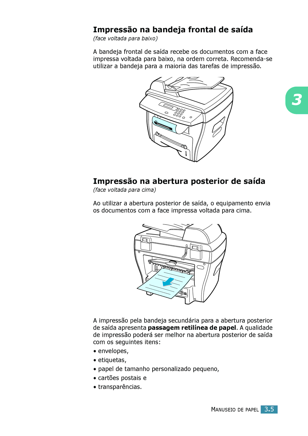 Samsung SCX-4016, SCX-4116, SCX-4216F manual Impressão na bandeja frontal de saída, Impressão na abertura posterior de saída 