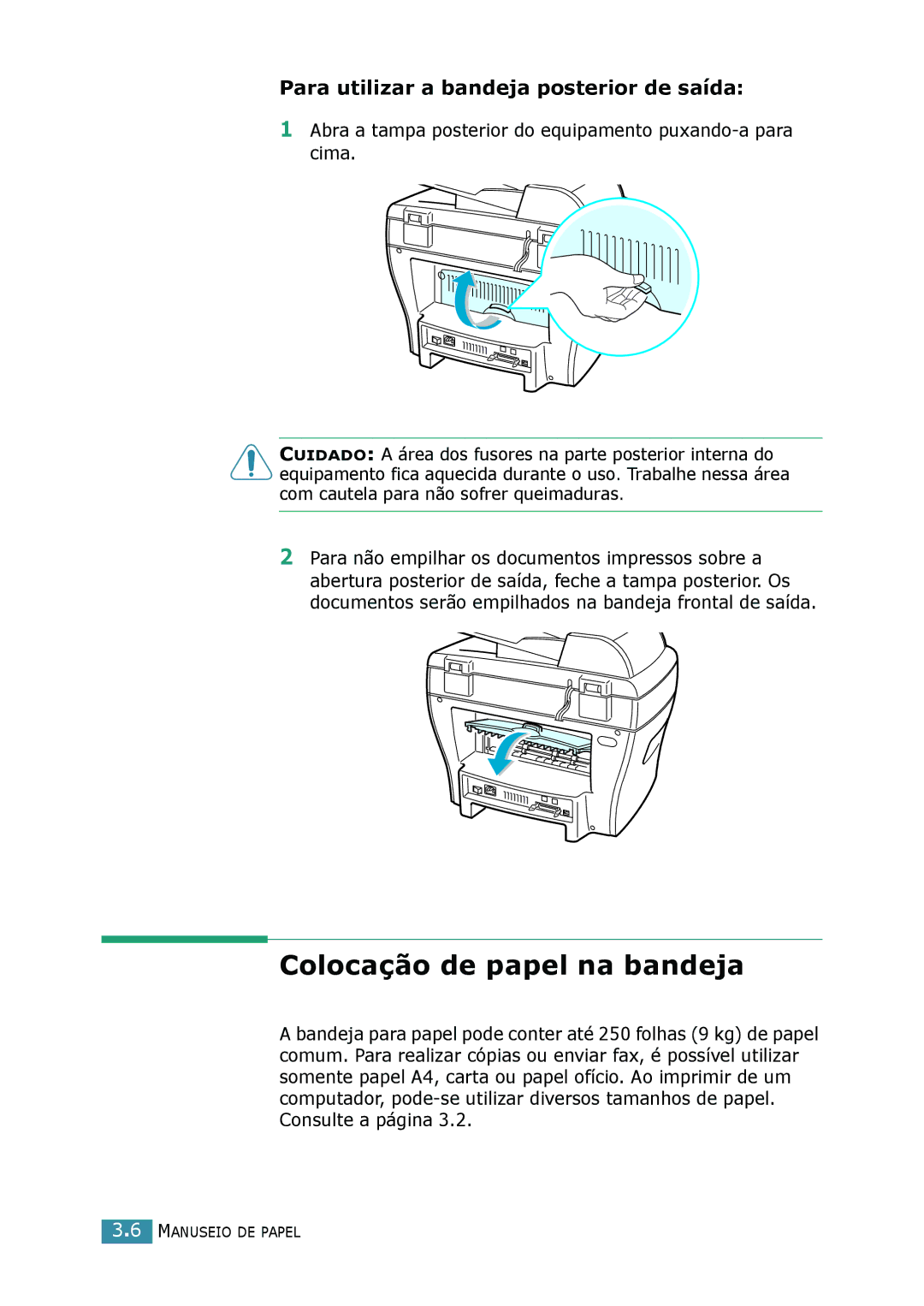 Samsung SCX-4116, SCX-4216F, SCX-4016 manual Colocação de papel na bandeja, Para utilizar a bandeja posterior de saída 