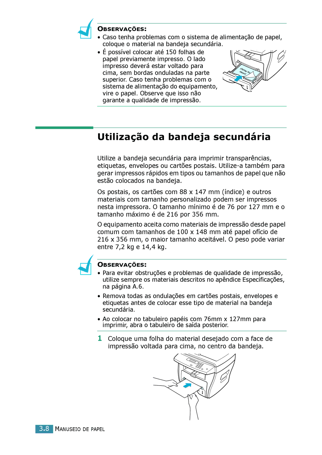 Samsung SCX-4016, SCX-4116, SCX-4216F manual Utilização da bandeja secundária 