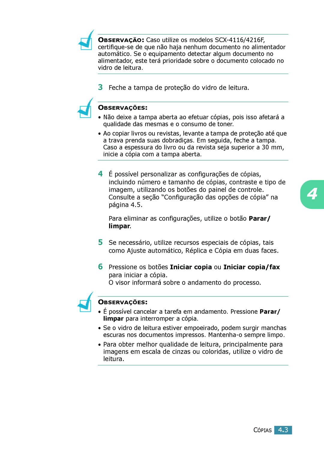 Samsung SCX-4216F, SCX-4116, SCX-4016 manual Observações 