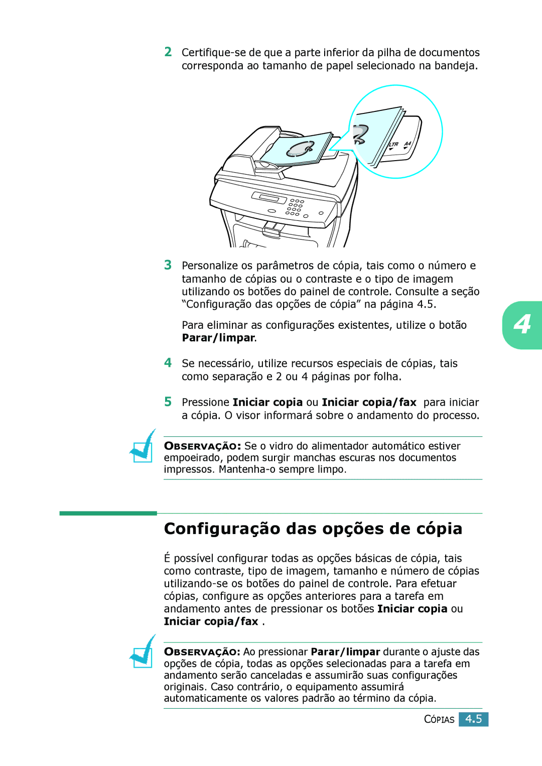 Samsung SCX-4116, SCX-4216F, SCX-4016 manual Configuração das opções de cópia, Parar/limpar 