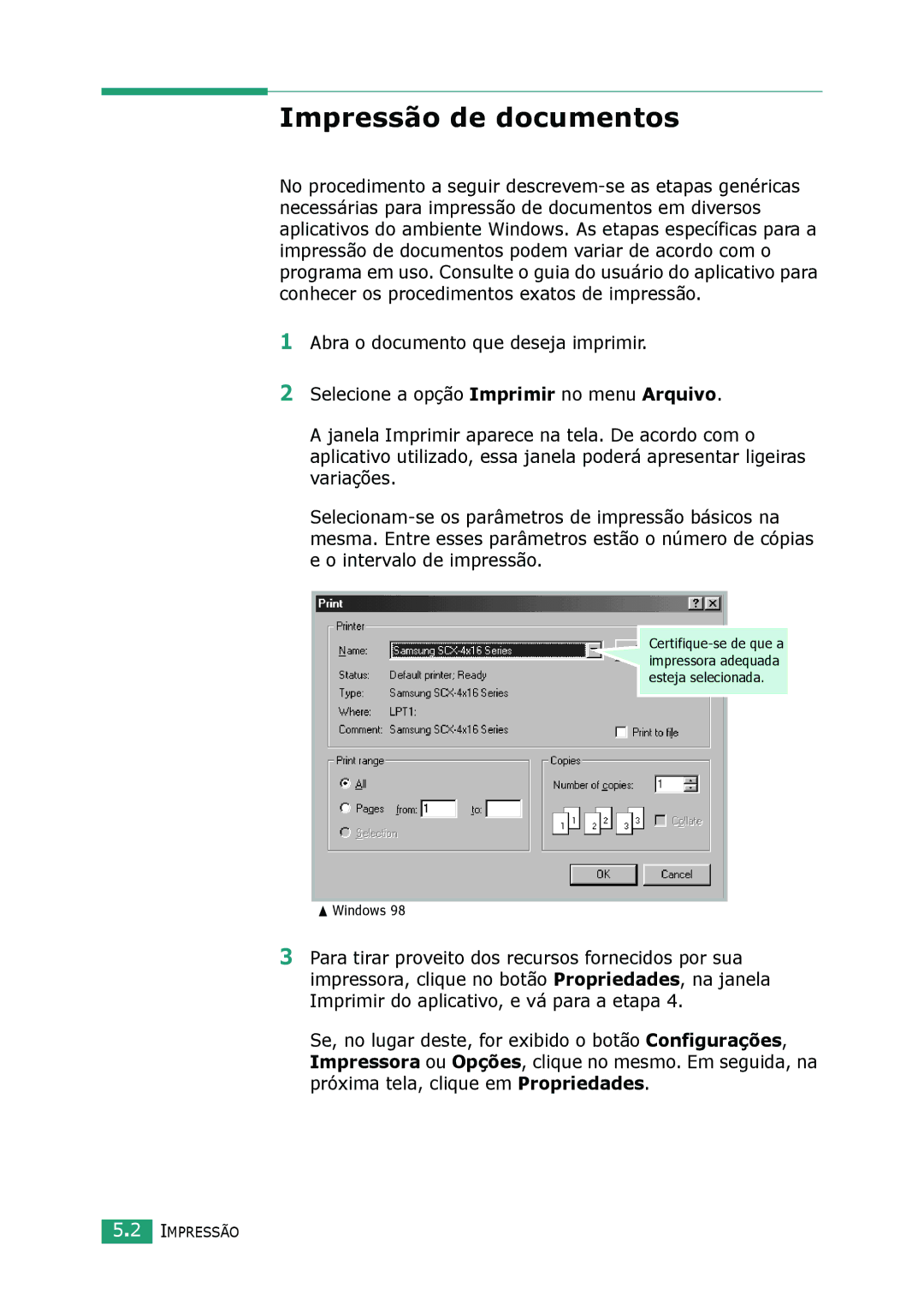 Samsung SCX-4016, SCX-4116, SCX-4216F manual Impressão de documentos 