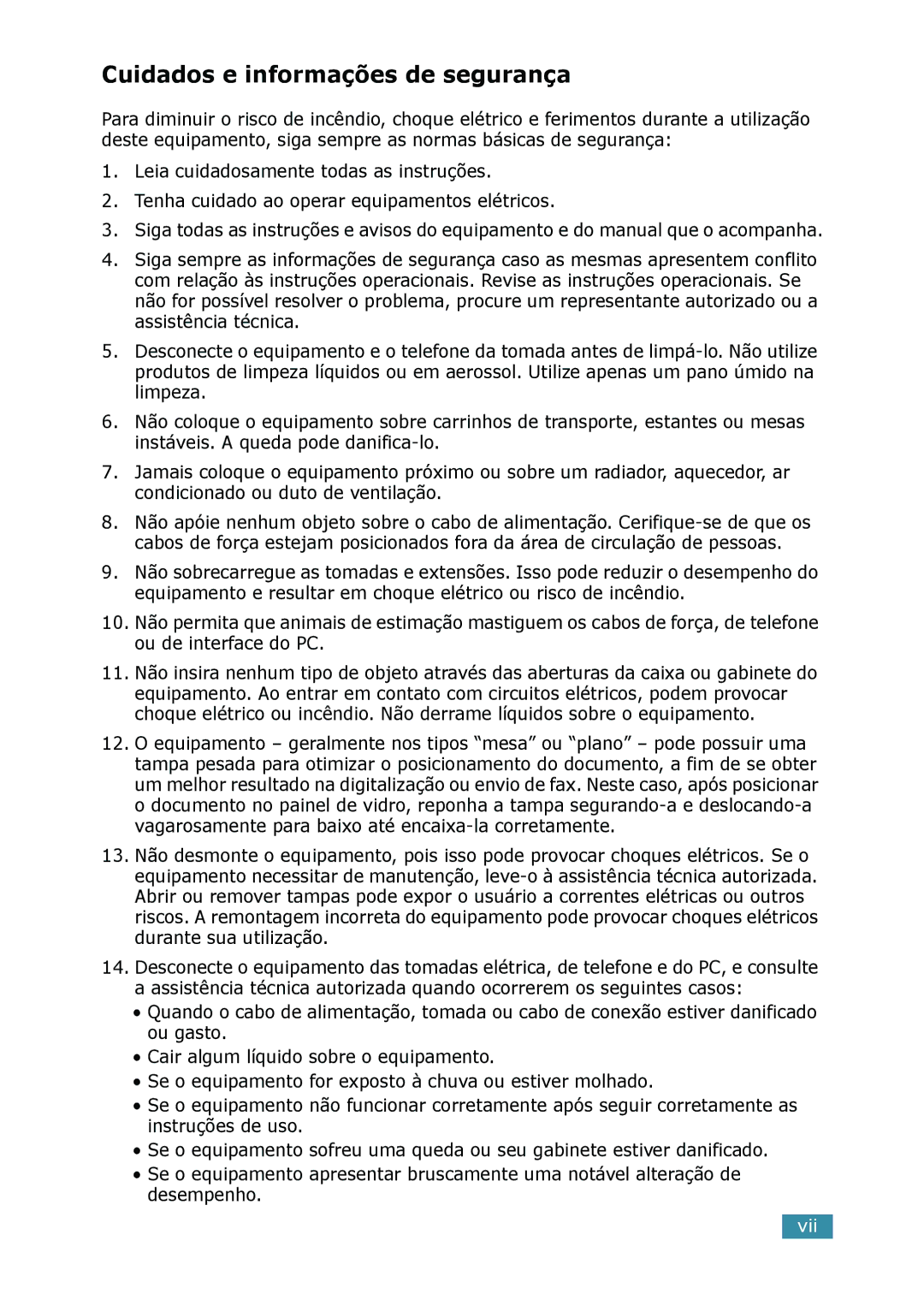 Samsung SCX-4016, SCX-4116, SCX-4216F manual Cuidados e informações de segurança, Vii 