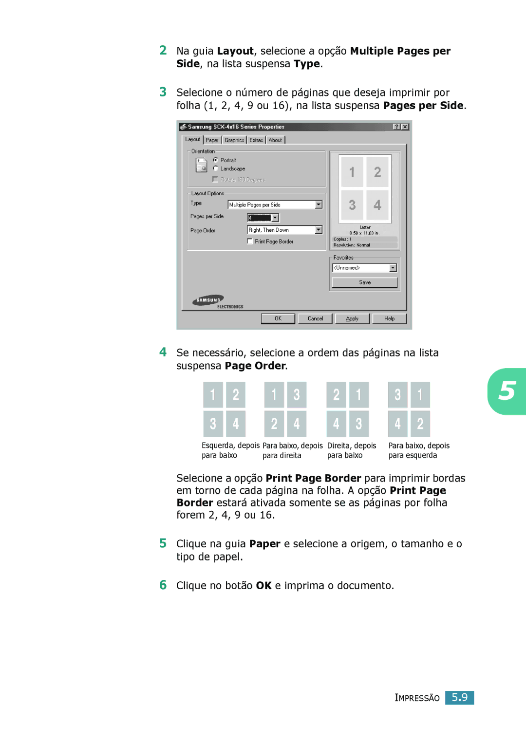 Samsung SCX-4116, SCX-4216F, SCX-4016 manual Para direita Para baixo Para esquerda 