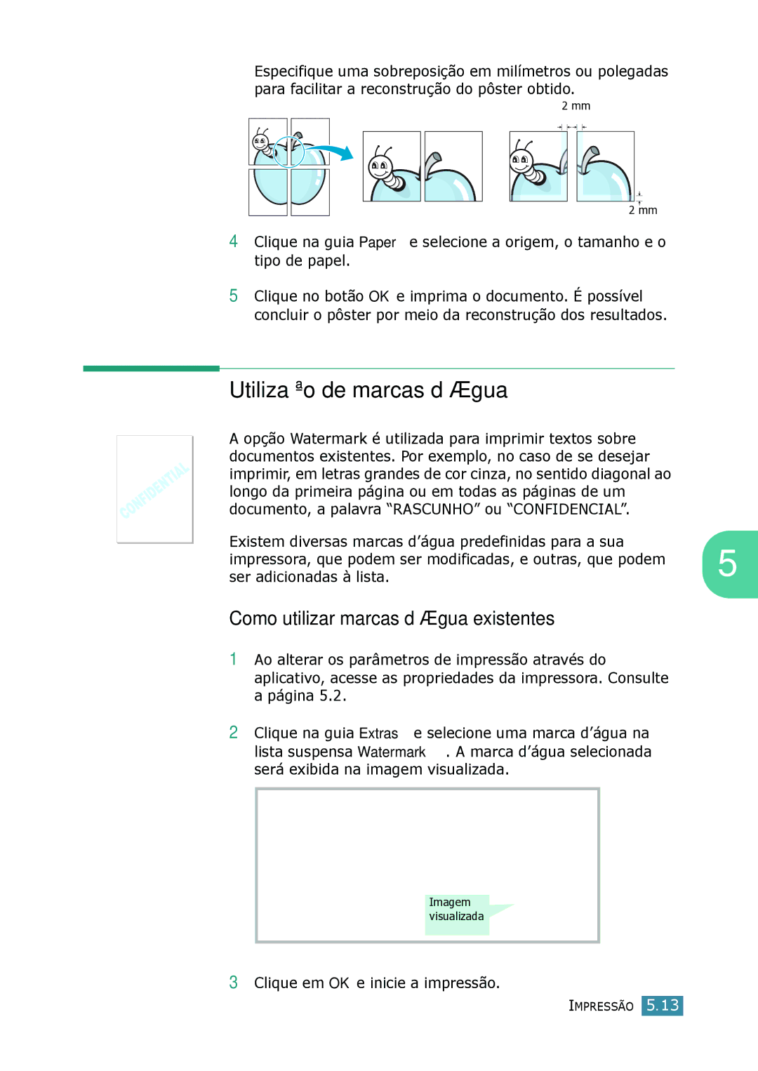 Samsung SCX-4216F Utilização de marcas d’água, Como utilizar marcas d’água existentes, Clique em OK e inicie a impressão 