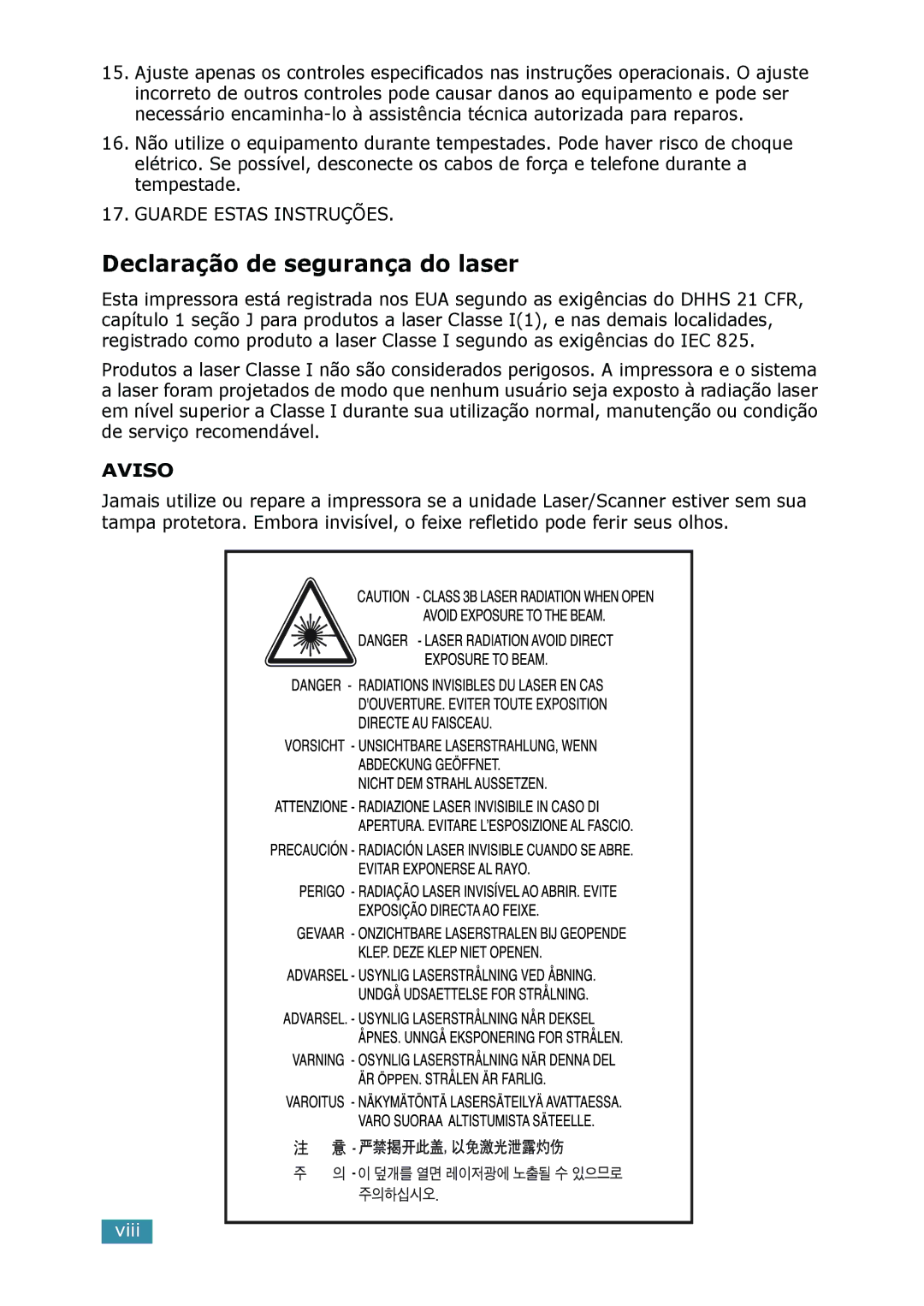 Samsung SCX-4116, SCX-4216F, SCX-4016 manual Declaração de segurança do laser, Aviso 