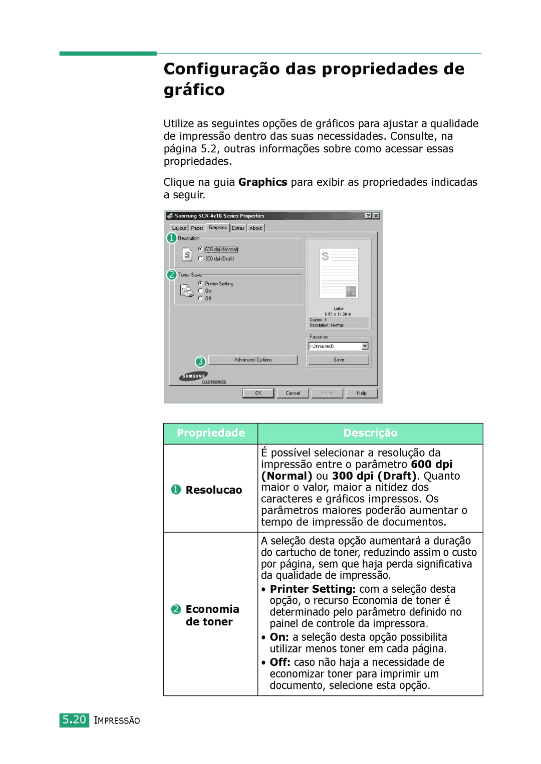 Samsung SCX-4016 Configuração das propriedades de gráfico, Normal ou 300 dpi Draft . Quanto, Resolucao, Economia, De toner 