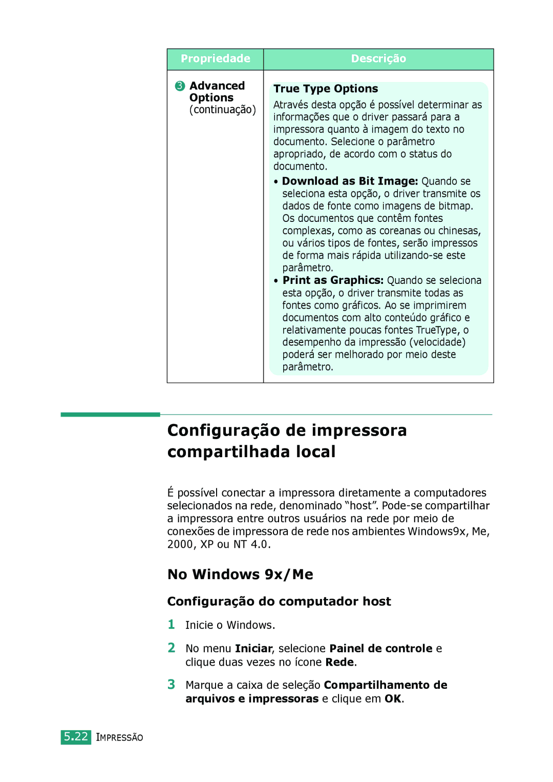 Samsung SCX-4216F, SCX-4116, SCX-4016 manual No Windows 9x/Me, Configuração do computador host, Advanced True Type Options 