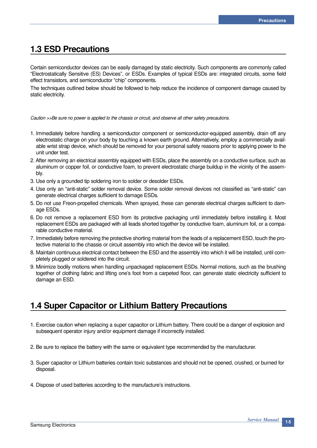 Samsung SCX-4200 manual ESD Precautions, Super Capacitor or Lithium Battery Precautions 