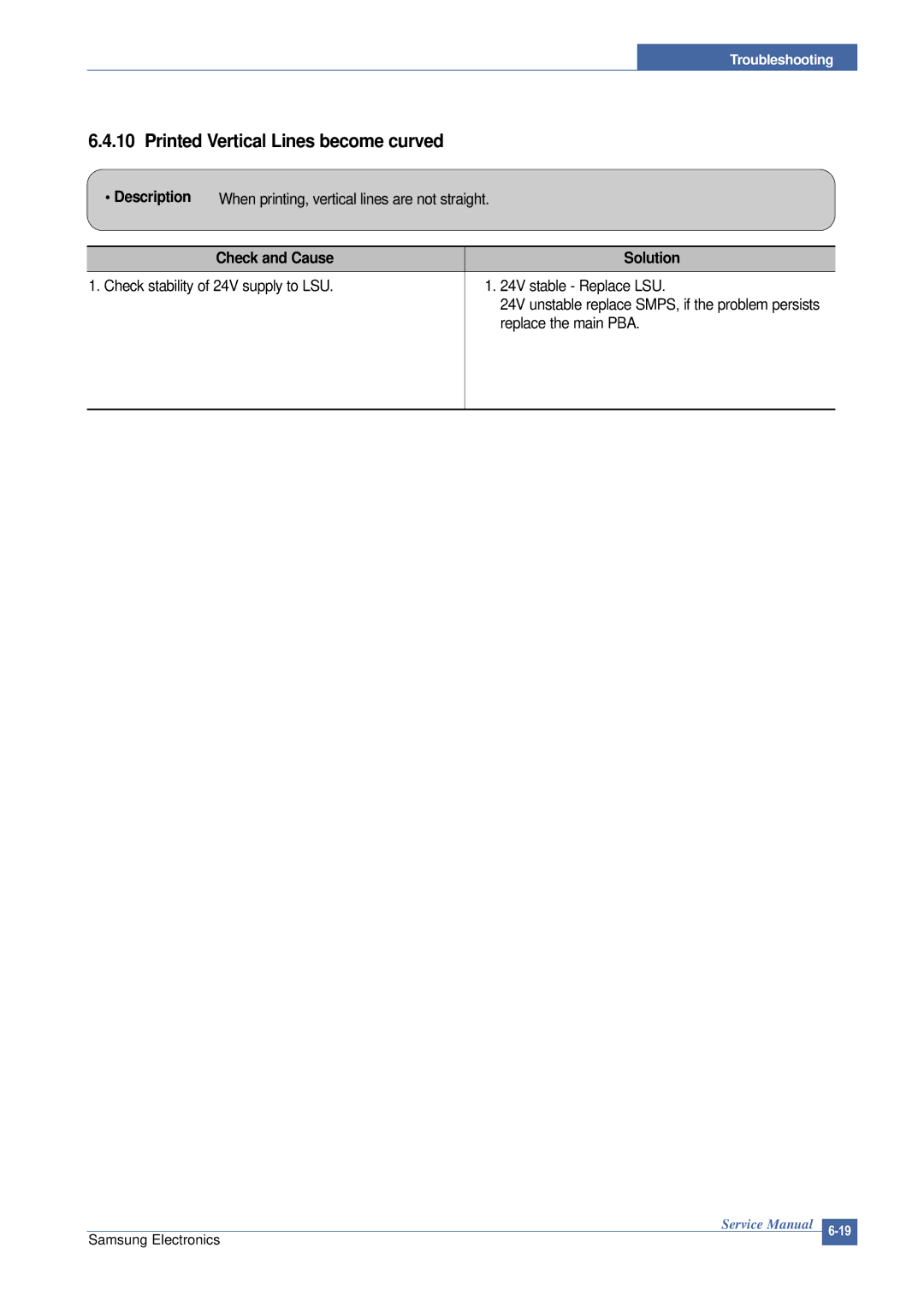 Samsung SCX-4200 manual Printed Vertical Lines become curved 