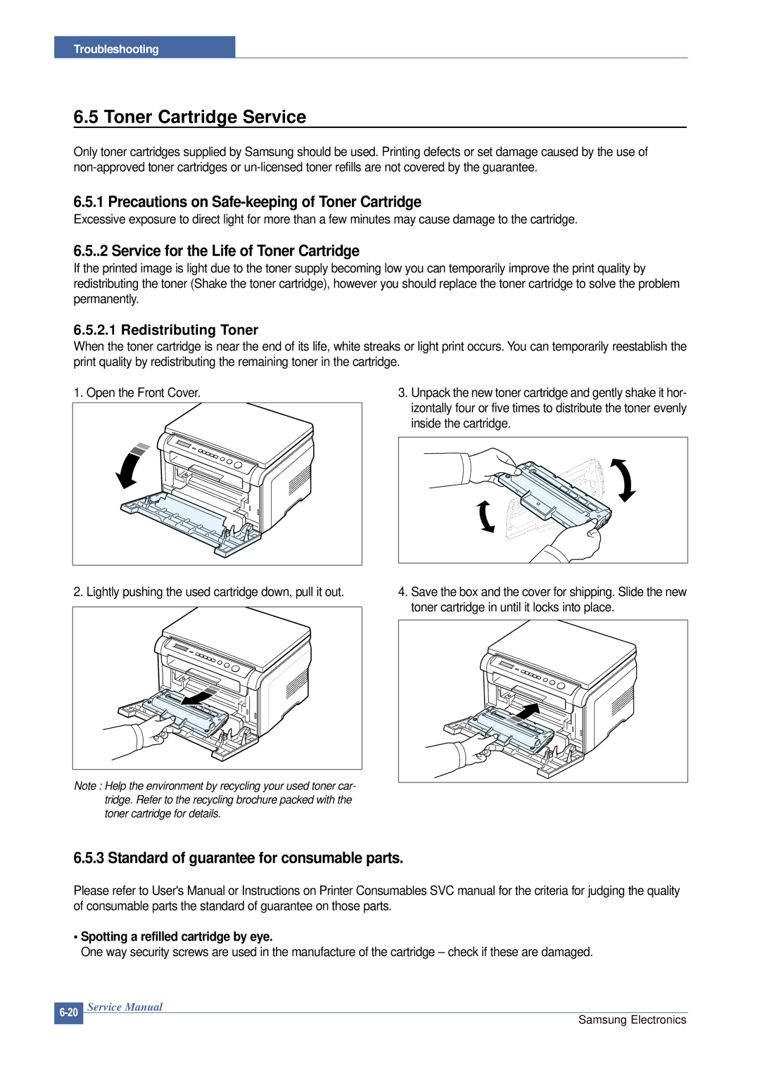 Samsung SCX-4200 manual Toner Cartridge Service, Precautions on Safe-keeping of Toner Cartridge 