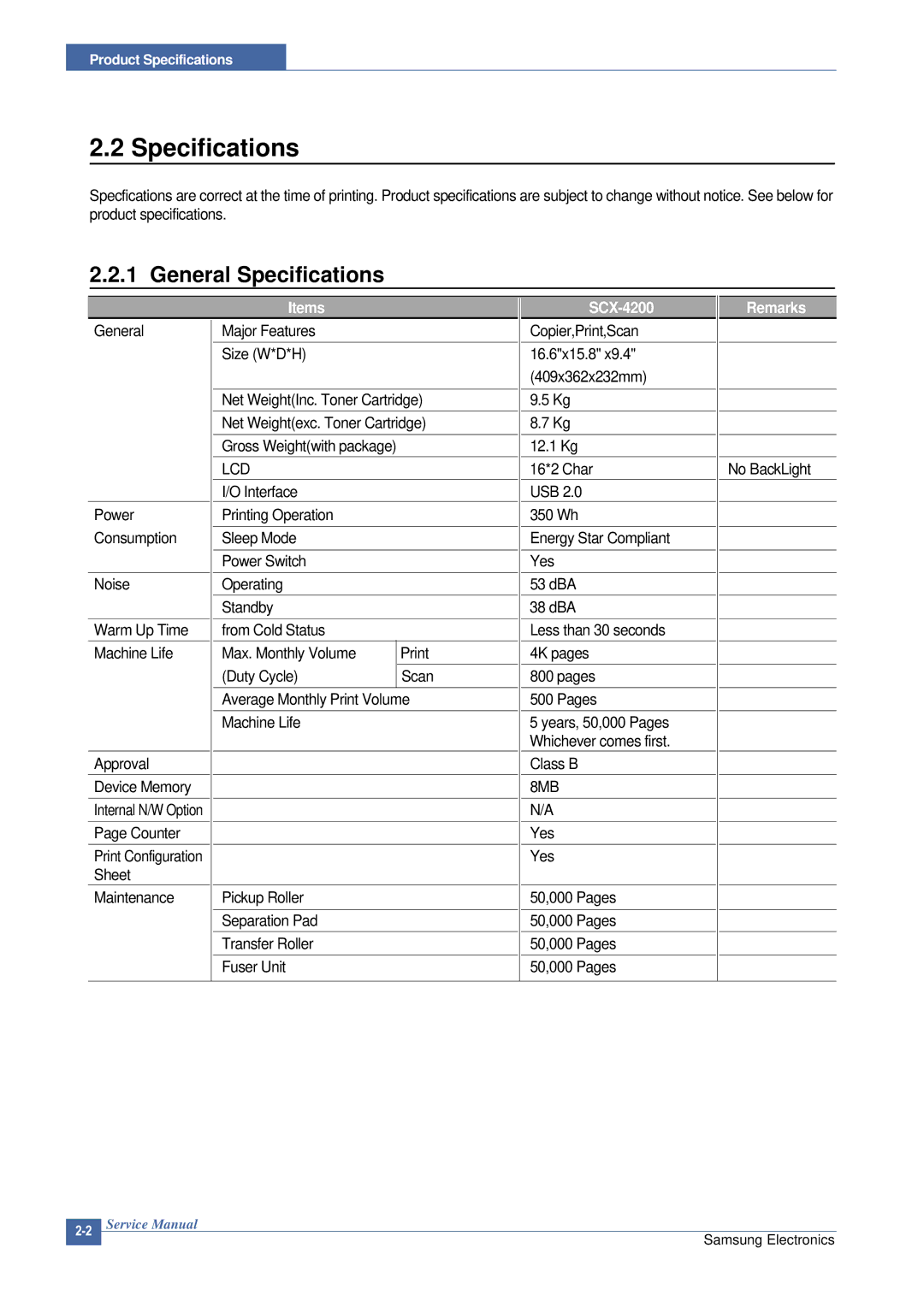 Samsung SCX-4200 manual General Specifications 