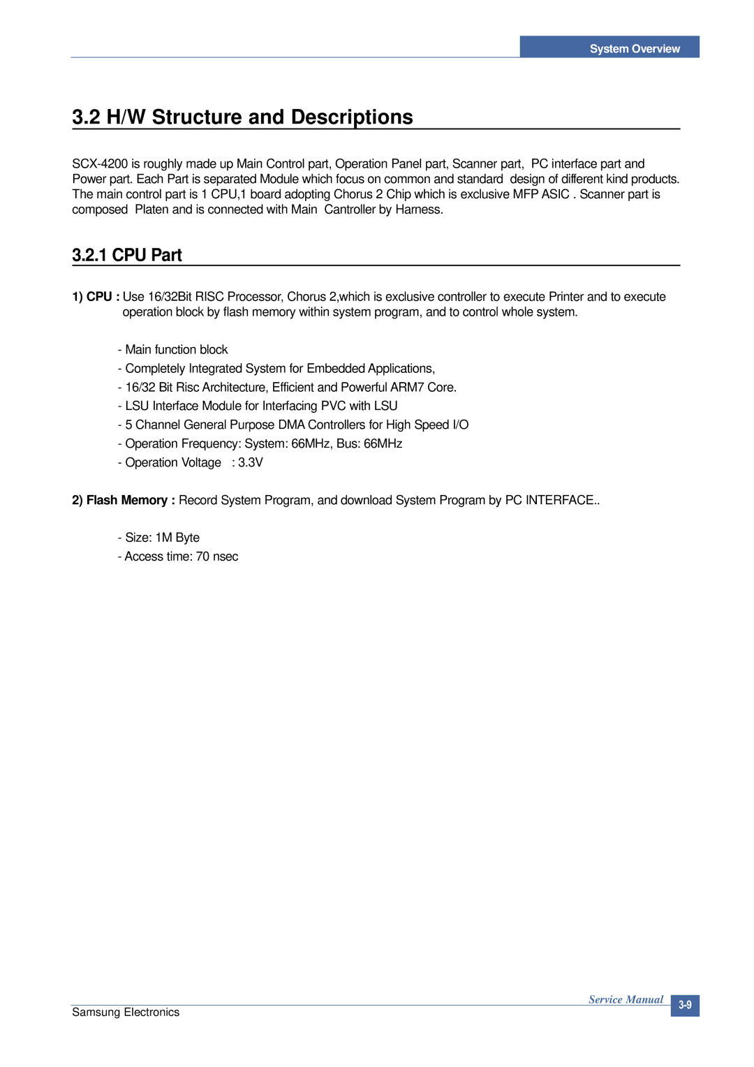 Samsung SCX-4200 manual H/W Structure and Descriptions, CPU Part 