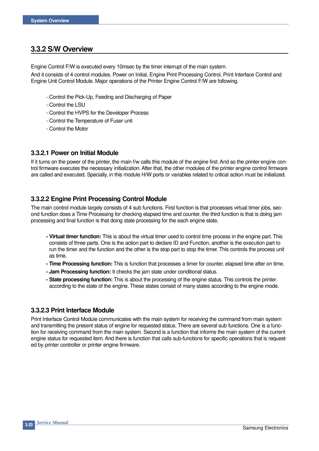 Samsung SCX-4200 2 S/W Overview, Power on Initial Module, Engine Print Processing Control Module, Print Interface Module 