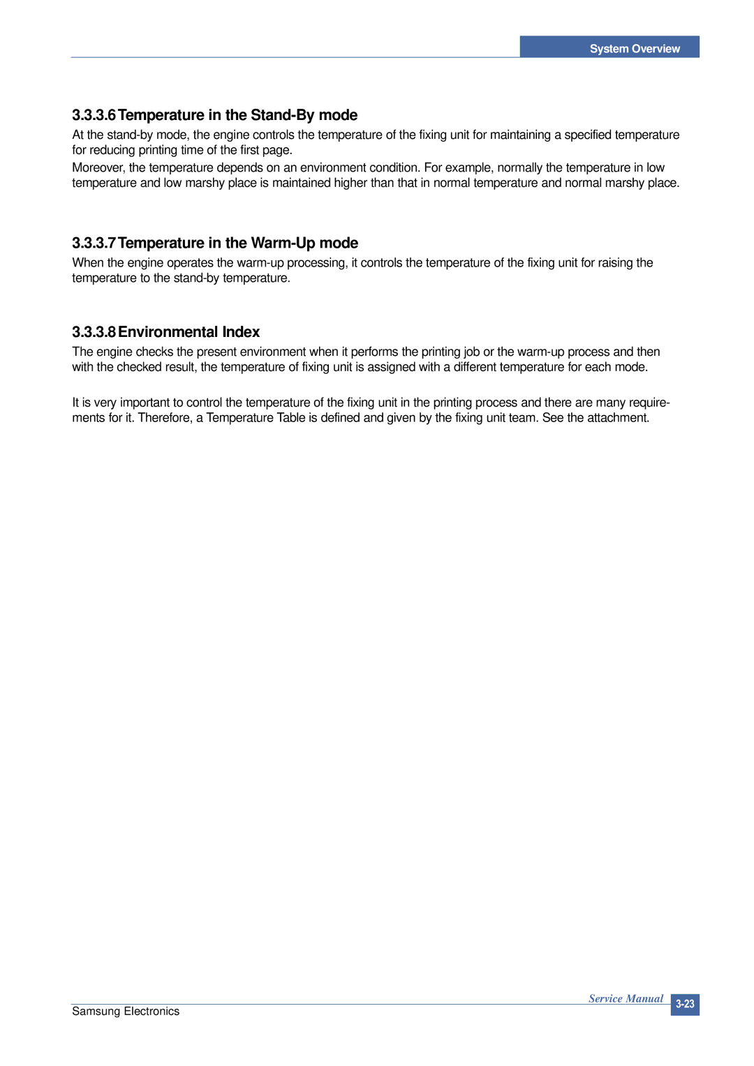 Samsung SCX-4200 manual 3.6Temperature in the Stand-By mode, Temperature in the Warm-Up mode, 3.8Environmental Index 