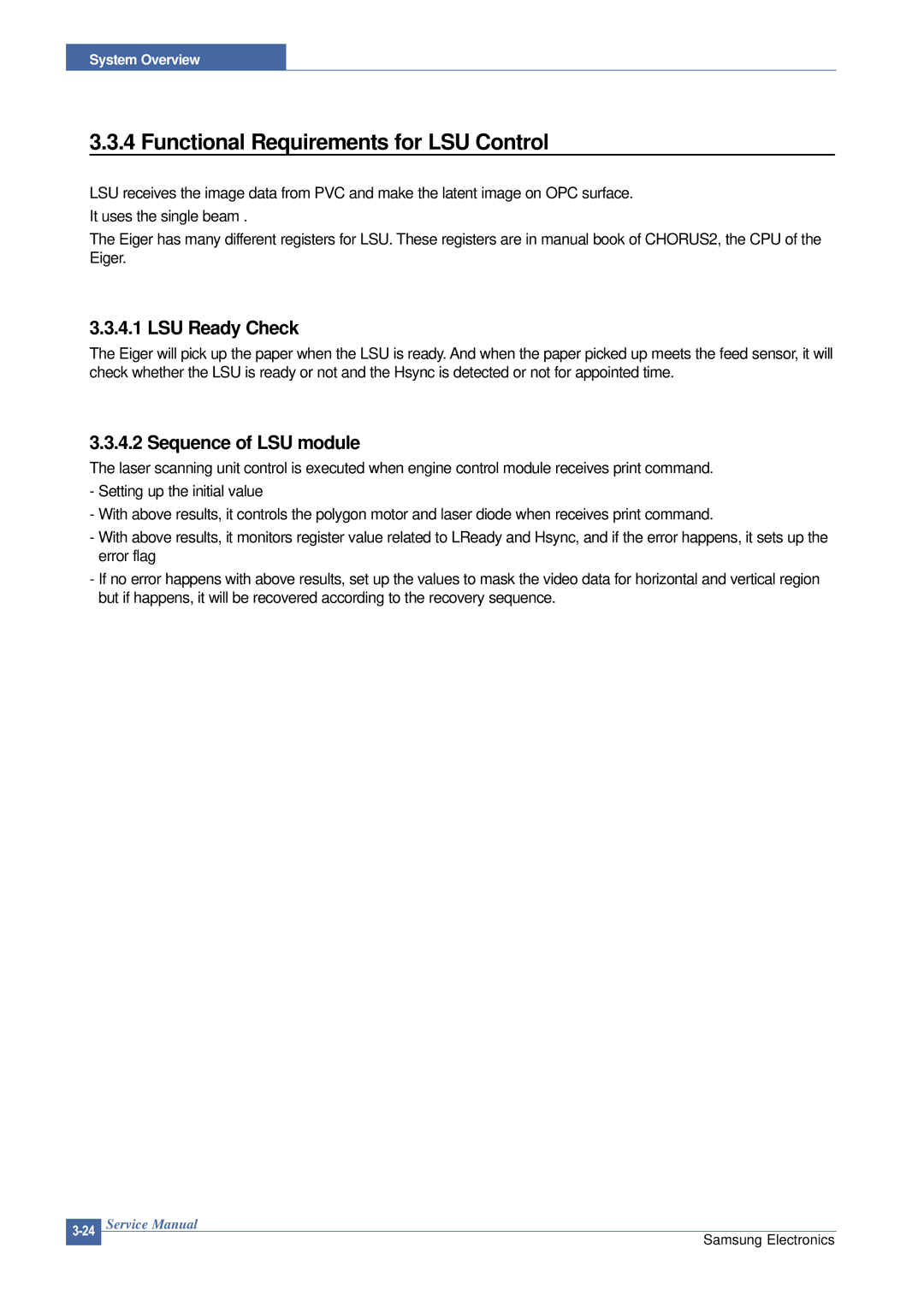 Samsung SCX-4200 manual Functional Requirements for LSU Control, LSU Ready Check, Sequence of LSU module 