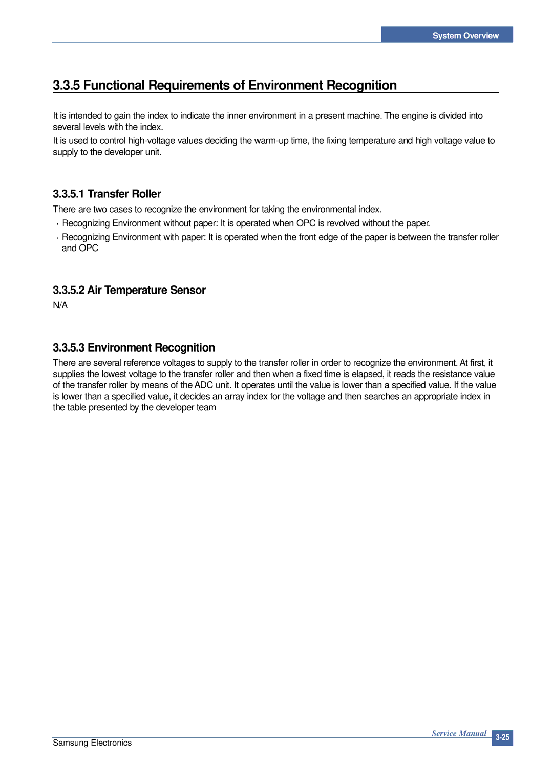 Samsung SCX-4200 manual Functional Requirements of Environment Recognition, Transfer Roller 