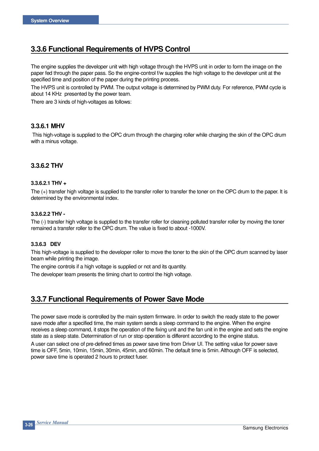 Samsung SCX-4200 Functional Requirements of Hvps Control, Functional Requirements of Power Save Mode, 6.1 MHV, 6.2 THV 