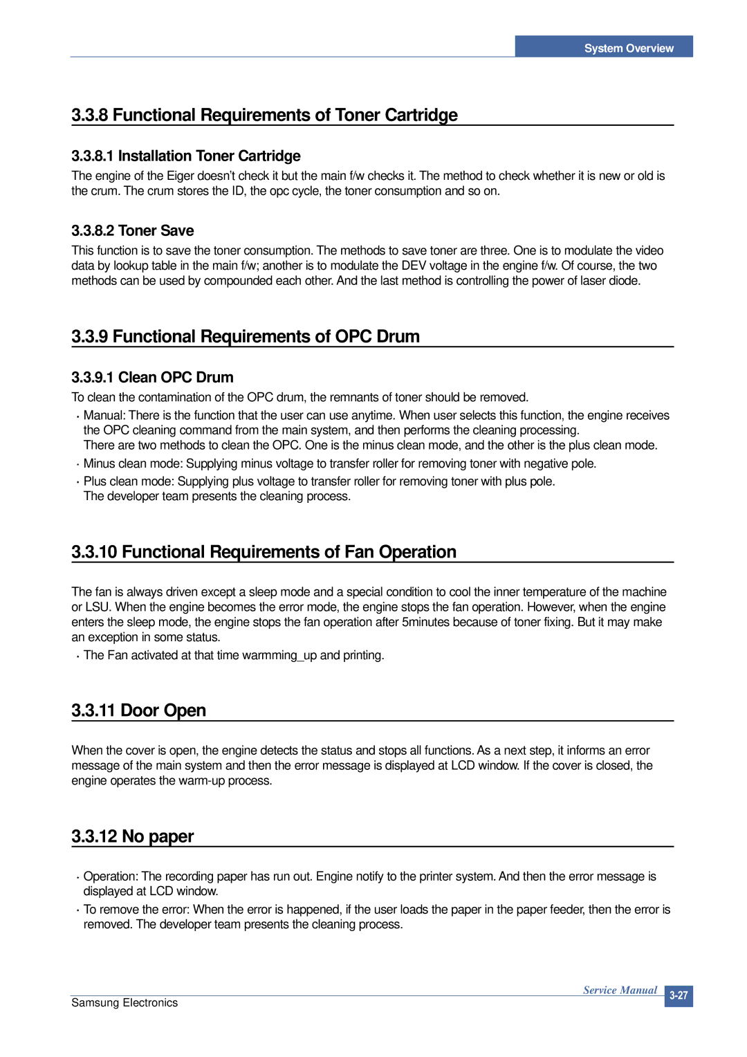 Samsung SCX-4200 Functional Requirements of Toner Cartridge, Functional Requirements of OPC Drum, Door Open, No paper 