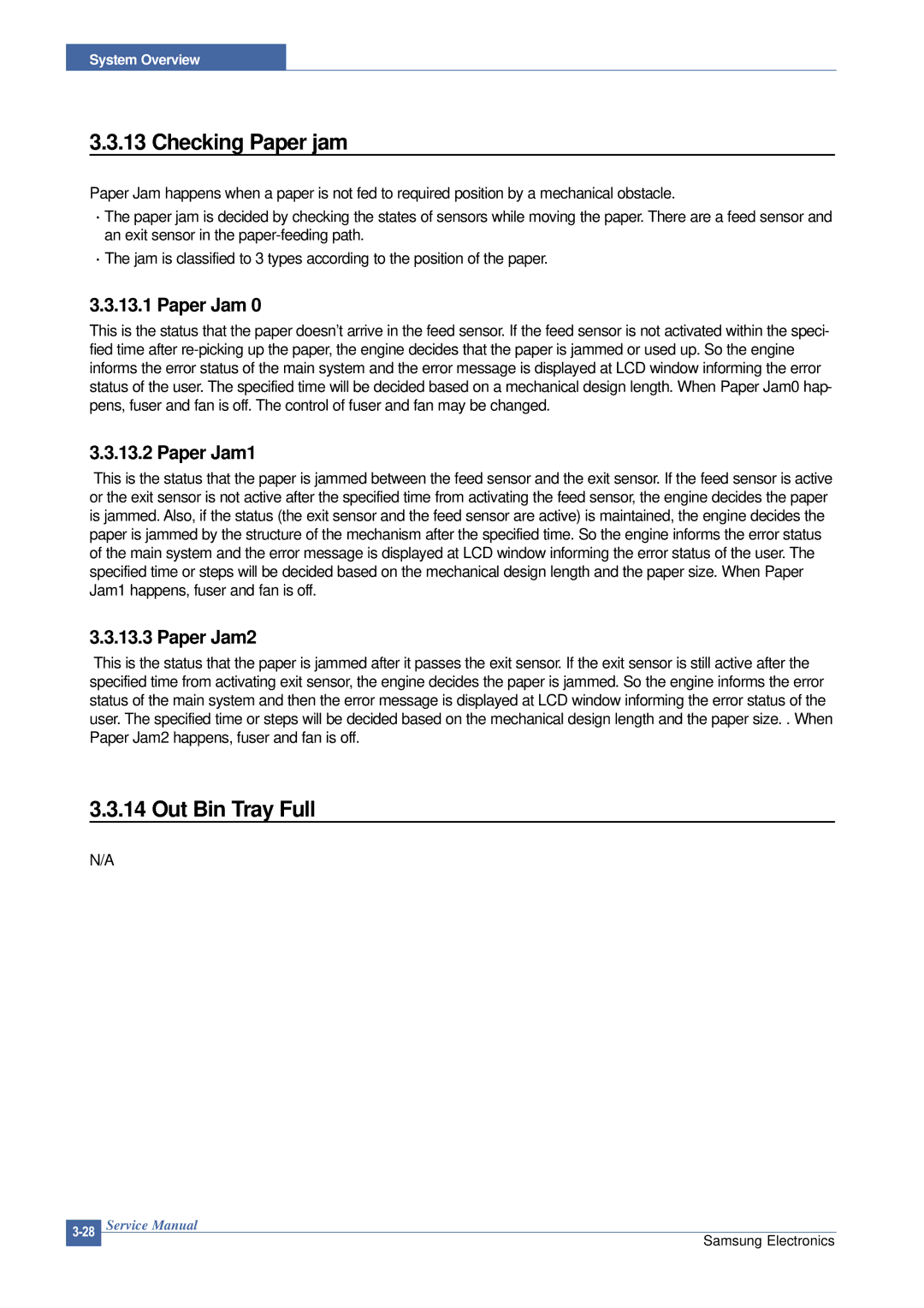 Samsung SCX-4200 manual Checking Paper jam, Out Bin Tray Full, Paper Jam1, Paper Jam2 