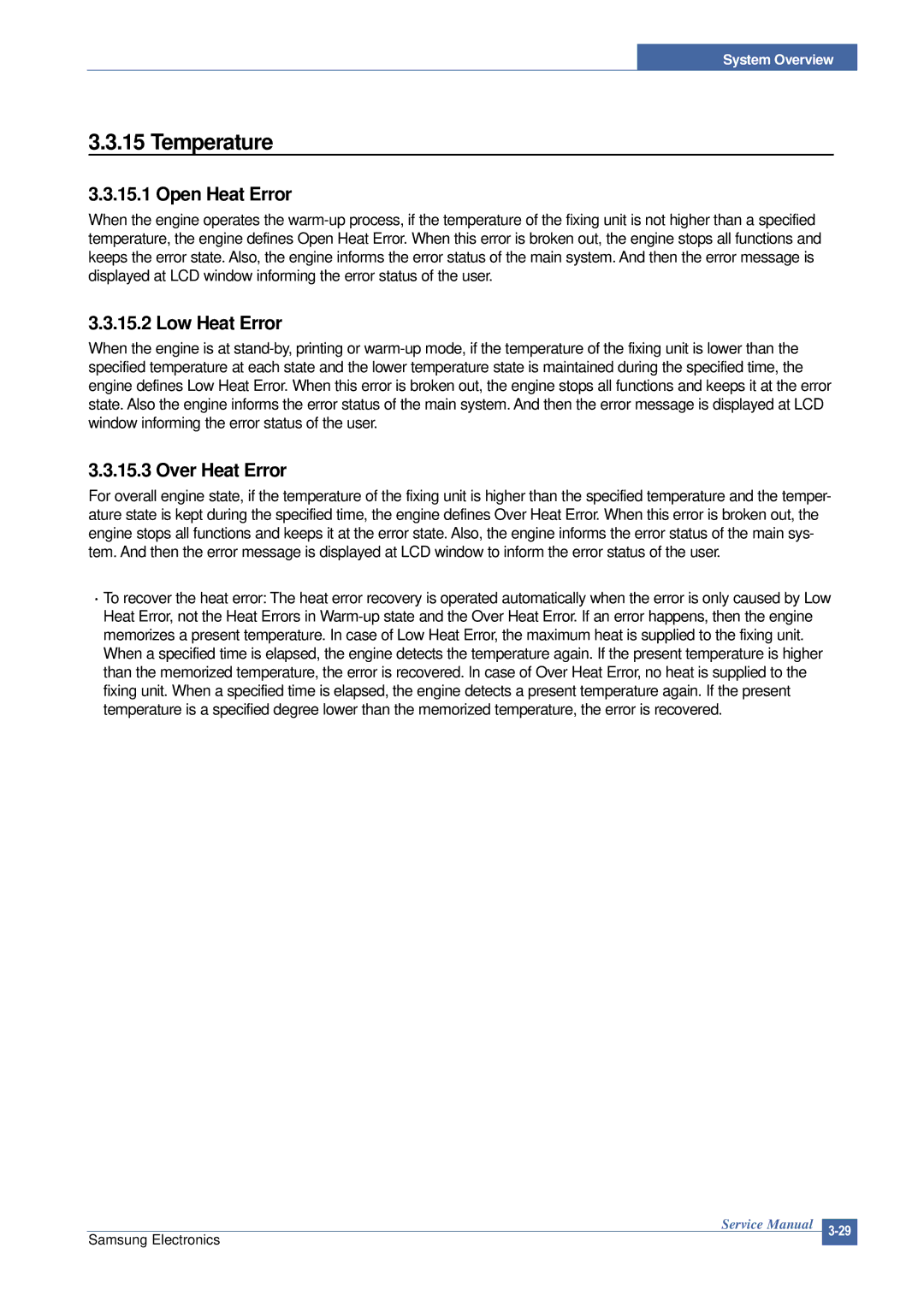 Samsung SCX-4200 manual Temperature, Open Heat Error, Low Heat Error, Over Heat Error 