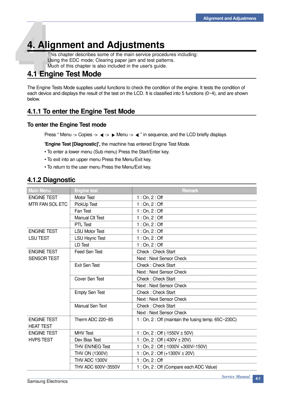 Samsung SCX-4200 manual To enter the Engine Test Mode, Diagnostic, To enter the Engine Test mode 