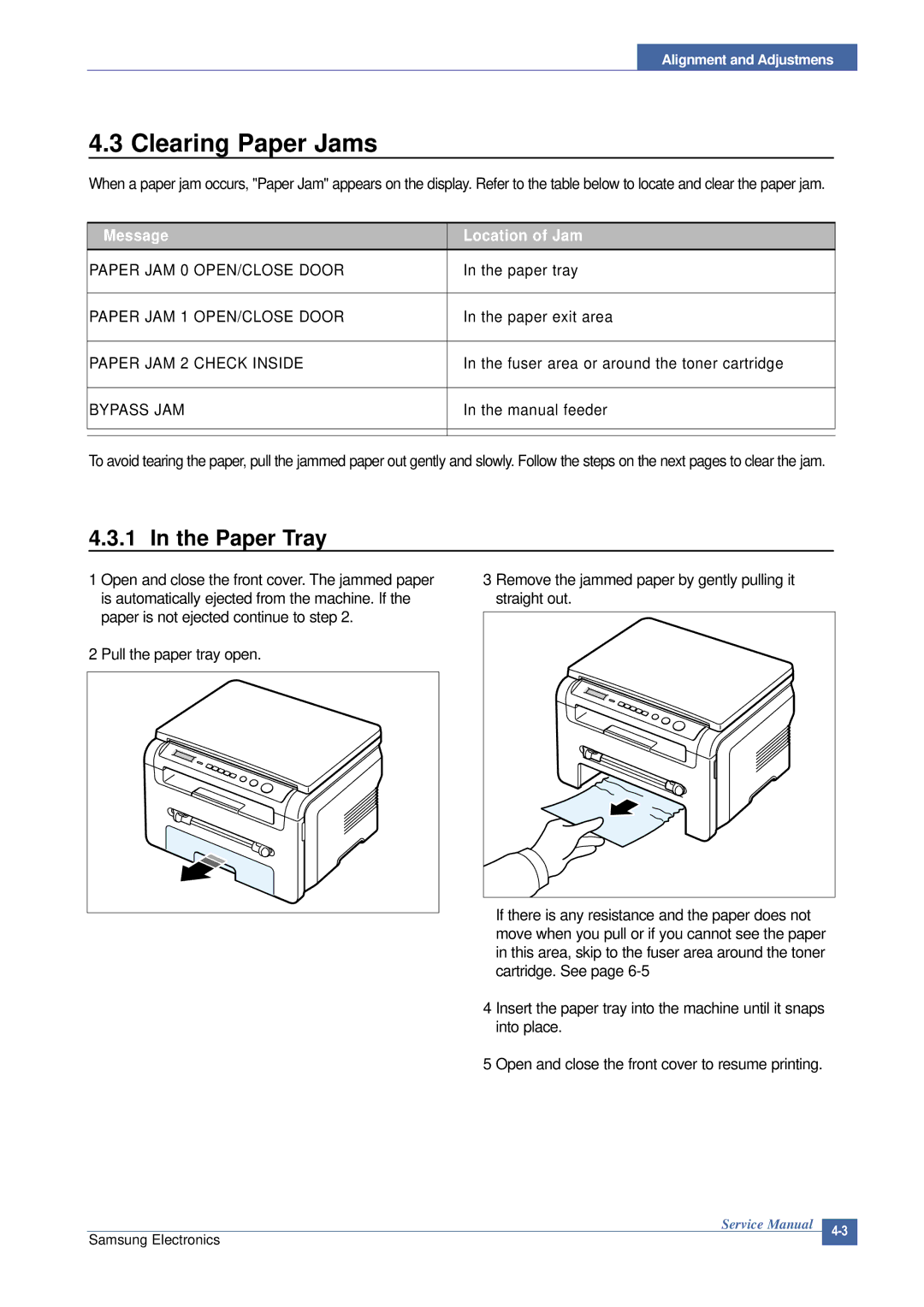 Samsung SCX-4200 manual Clearing Paper Jams, Paper Tray 