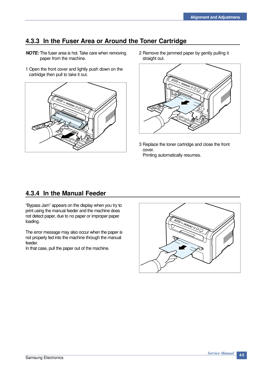 Samsung SCX-4200 manual Fuser Area or Around the Toner Cartridge, Manual Feeder 